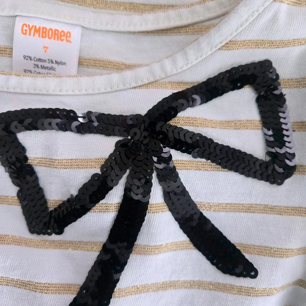 Gymboree Girls White Gold Metallic Striped Shirt Black Sequin‎ Bow Top Size 7